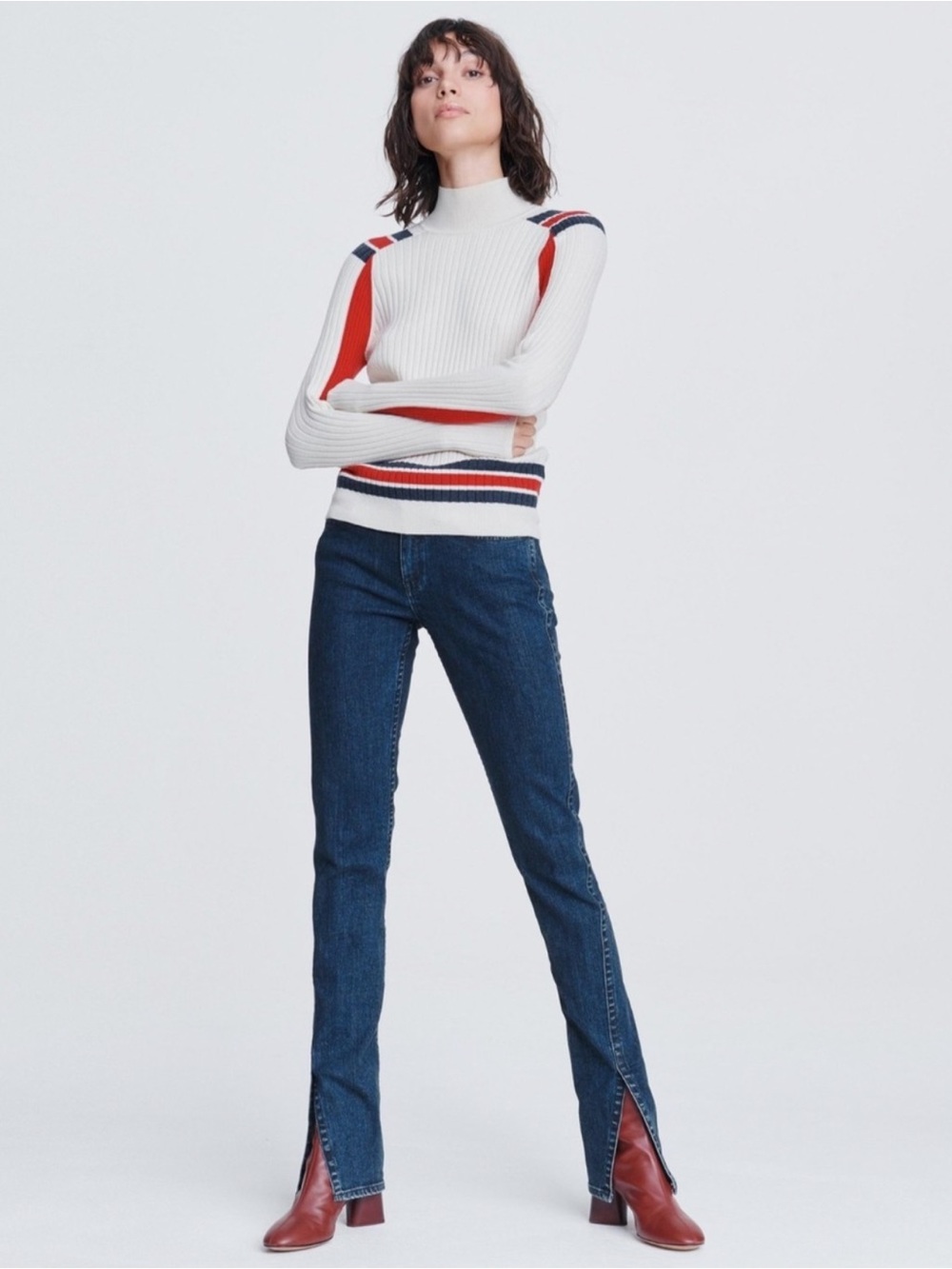 rag & bone Cream Ribbed Turtleneck Sweater - Cream Red & Navy Blue Stripes